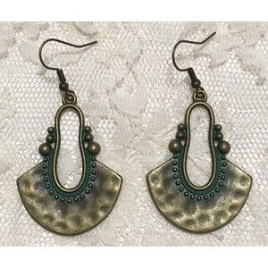 Brass Gold Tone Earrings Patina Color Dangly Rustic Boho Tribal